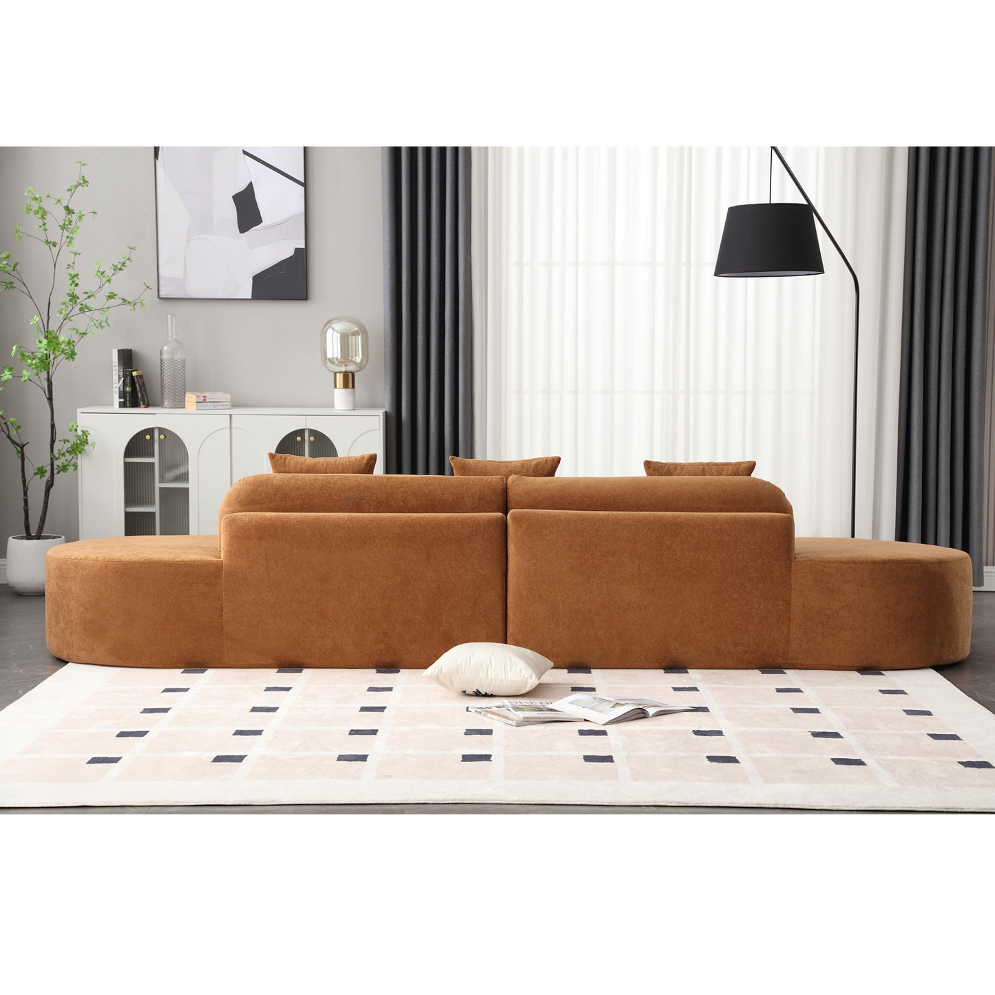 Modern curved combination sofa, terrycloth fabric sofa, minimalist sofa in living room, apartment, no assembly required, three pillows,Browm