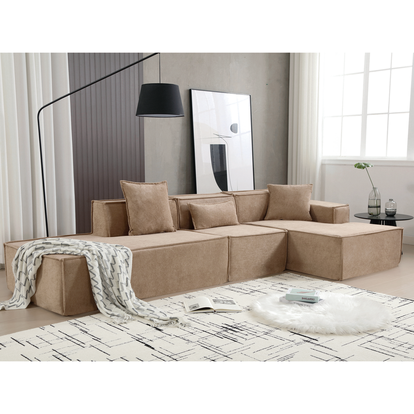 Modular combination living room sofa set, modern minimalist sofa, free installation sofa, L-shaped, Italian minimalist tofu block sofa,  Right-Hand Facing,Light Brown