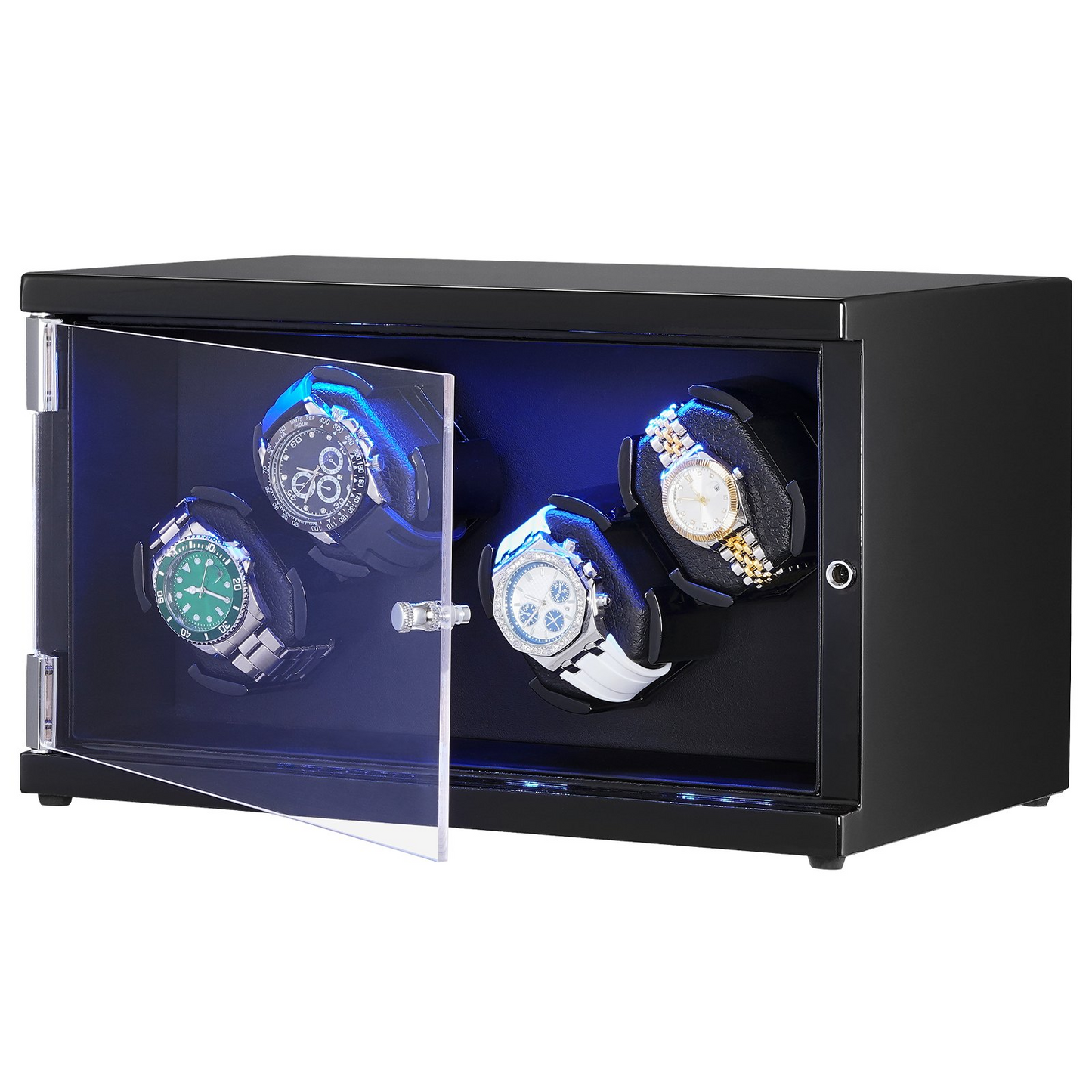 VEVOR Watch Winder, Watch Winder for 4 Men's and Women's Automatic Watches, with 2 Super Quiet Japanese Mabuchi Motors, Blue LED Light and Adapter, High-Density Board Shell and Black PU