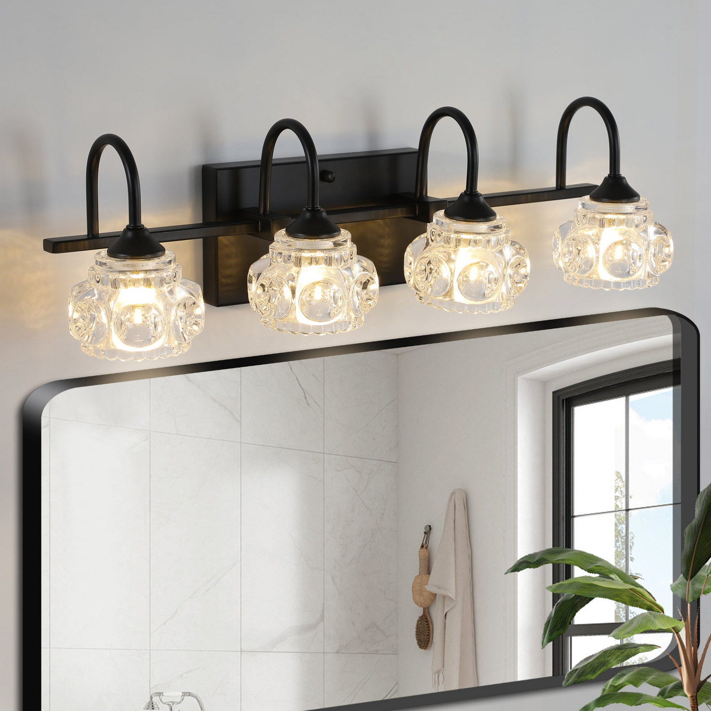 Retro 4-Light Bathroom Vanity Light Fixture - Black Finish with Crystal Glass Shades, Wall Mounted Lighting for Bathroom, Powder Room, and Vanity Mirror (No Bulbs)