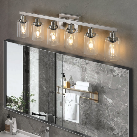 Modern 6-Light Bathroom Vanity Light Fixture - Brushed Nickel Finish with Clear Glass Shades, Perfect for Bathroom, Vanity, and Dressing Area Lighting (No Bulbs)