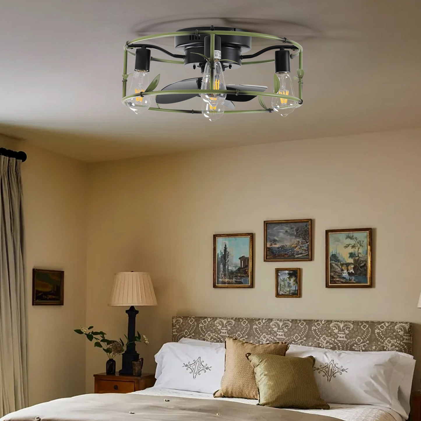 Flush Mount Ceiling Fans with Lights and Remote Control green Caged Low Profile Ceiling Fan Modern Metal Ceiling fanfor Farmhouse Dining Room Bedroom Kitchen Living Room