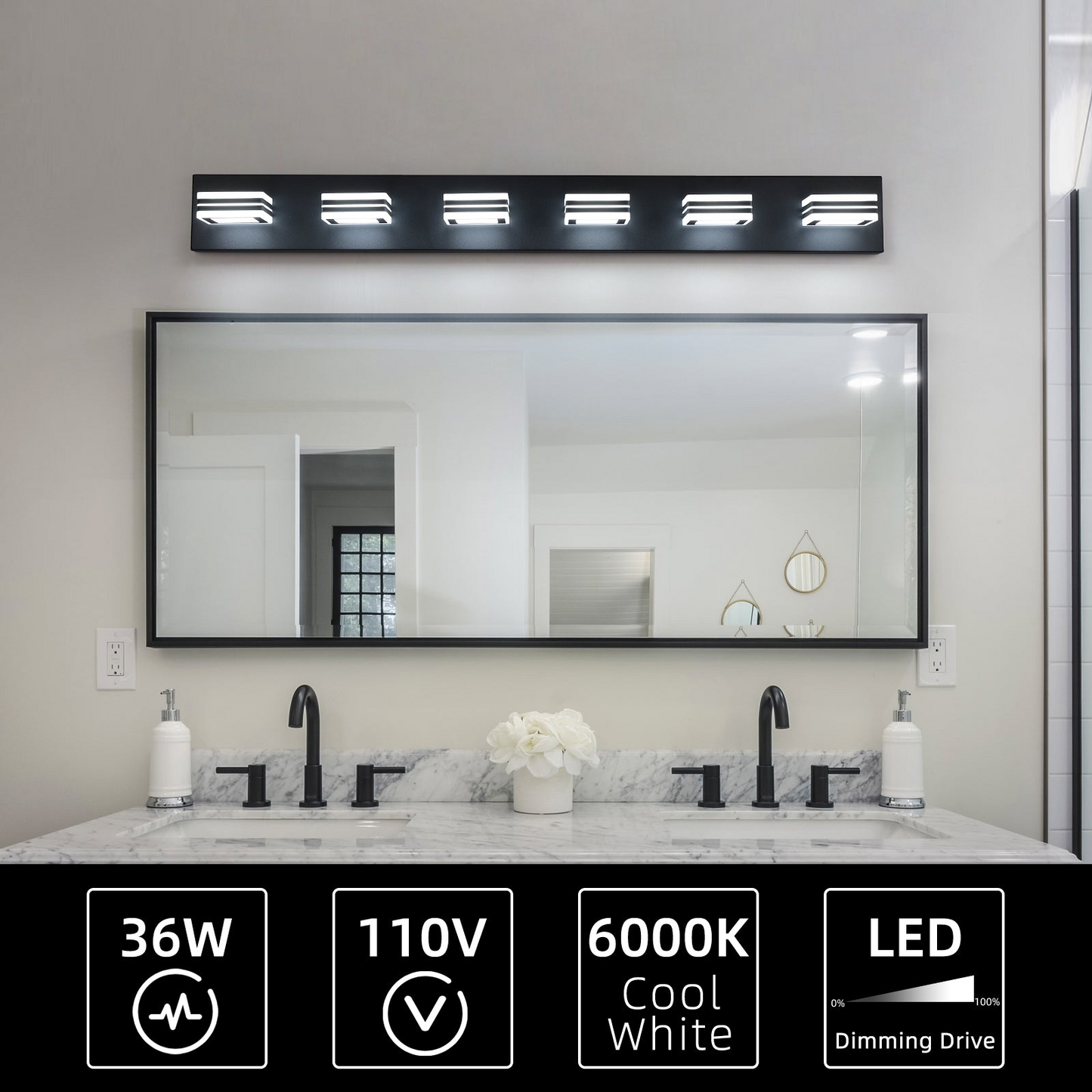 LED Modern Black Vanity Lights, 6-Lights Acrylic Matte Black Bathroom Vanity Lights Over Mirror (Same as W134070930/L2005)