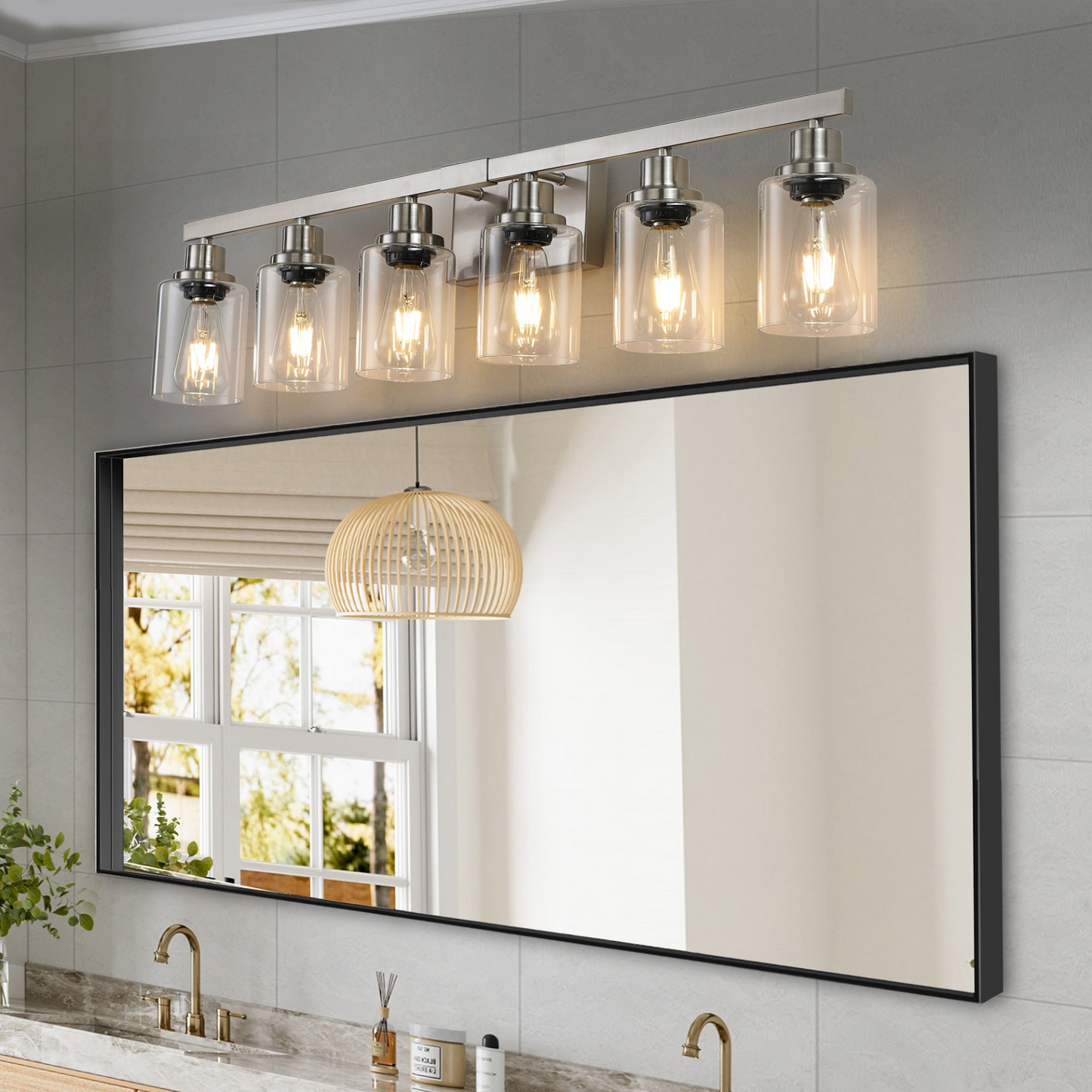 Modern 6-Light Bathroom Vanity Light Fixture - Brushed Nickel Finish with Clear Glass Shades, Perfect for Bathroom, Vanity, and Dressing Area Lighting (No Bulbs)