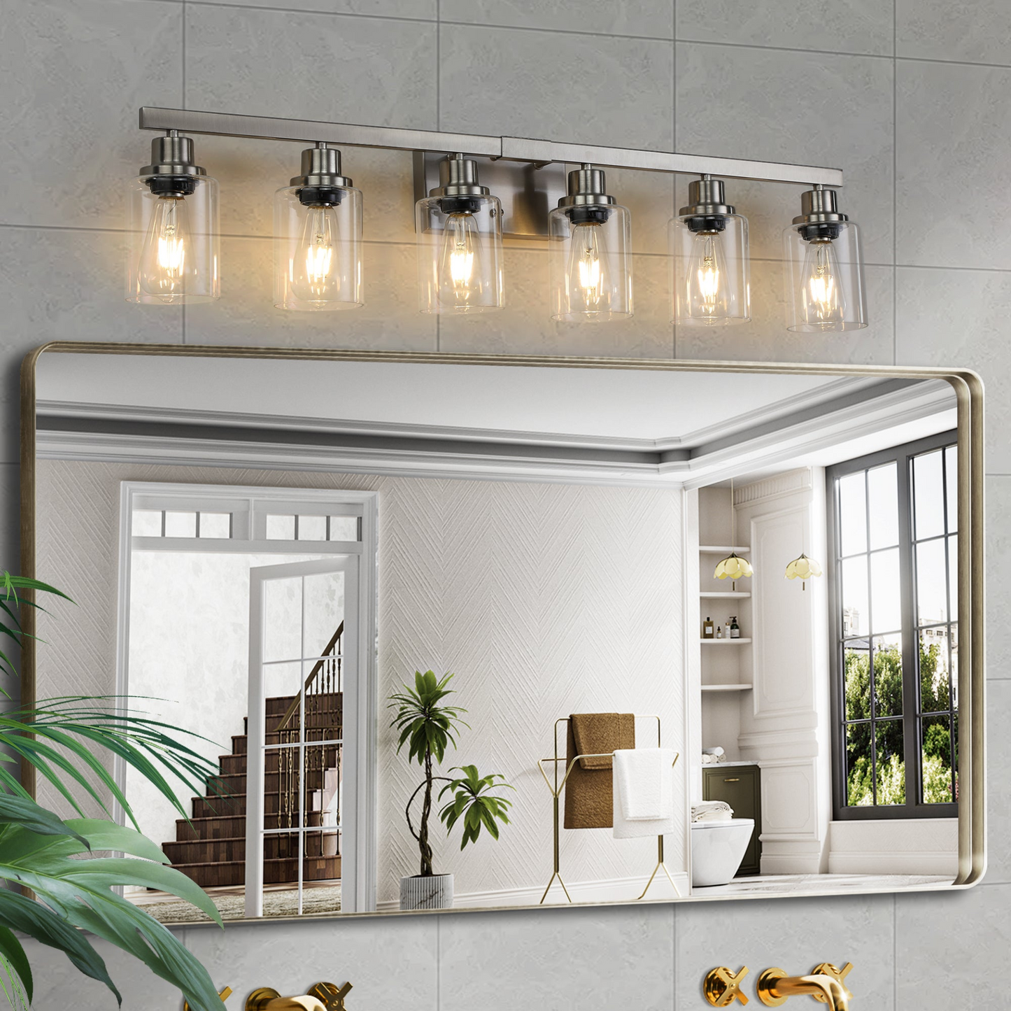 Modern 6-Light Bathroom Vanity Light Fixture - Brushed Nickel Finish with Clear Glass Shades, Perfect for Bathroom, Vanity, and Dressing Area Lighting (No Bulbs)