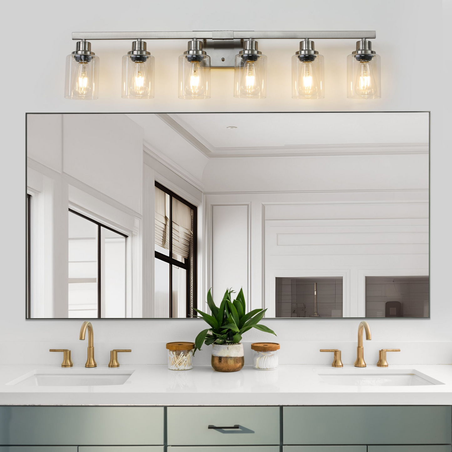 Modern 6-Light Bathroom Vanity Light Fixture - Brushed Nickel Finish with Clear Glass Shades, Perfect for Bathroom, Vanity, and Dressing Area Lighting (No Bulbs)