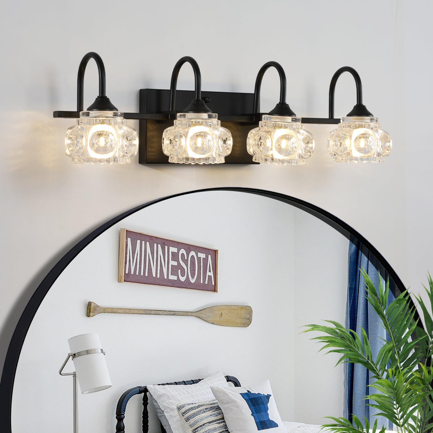 Retro 4-Light Bathroom Vanity Light Fixture - Black Finish with Crystal Glass Shades, Wall Mounted Lighting for Bathroom, Powder Room, and Vanity Mirror (No Bulbs)