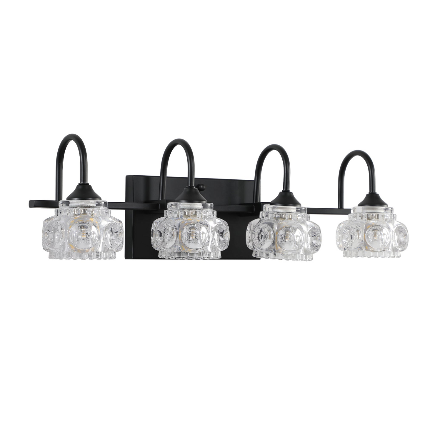 Retro 4-Light Bathroom Vanity Light Fixture - Black Finish with Crystal Glass Shades, Wall Mounted Lighting for Bathroom, Powder Room, and Vanity Mirror (No Bulbs)